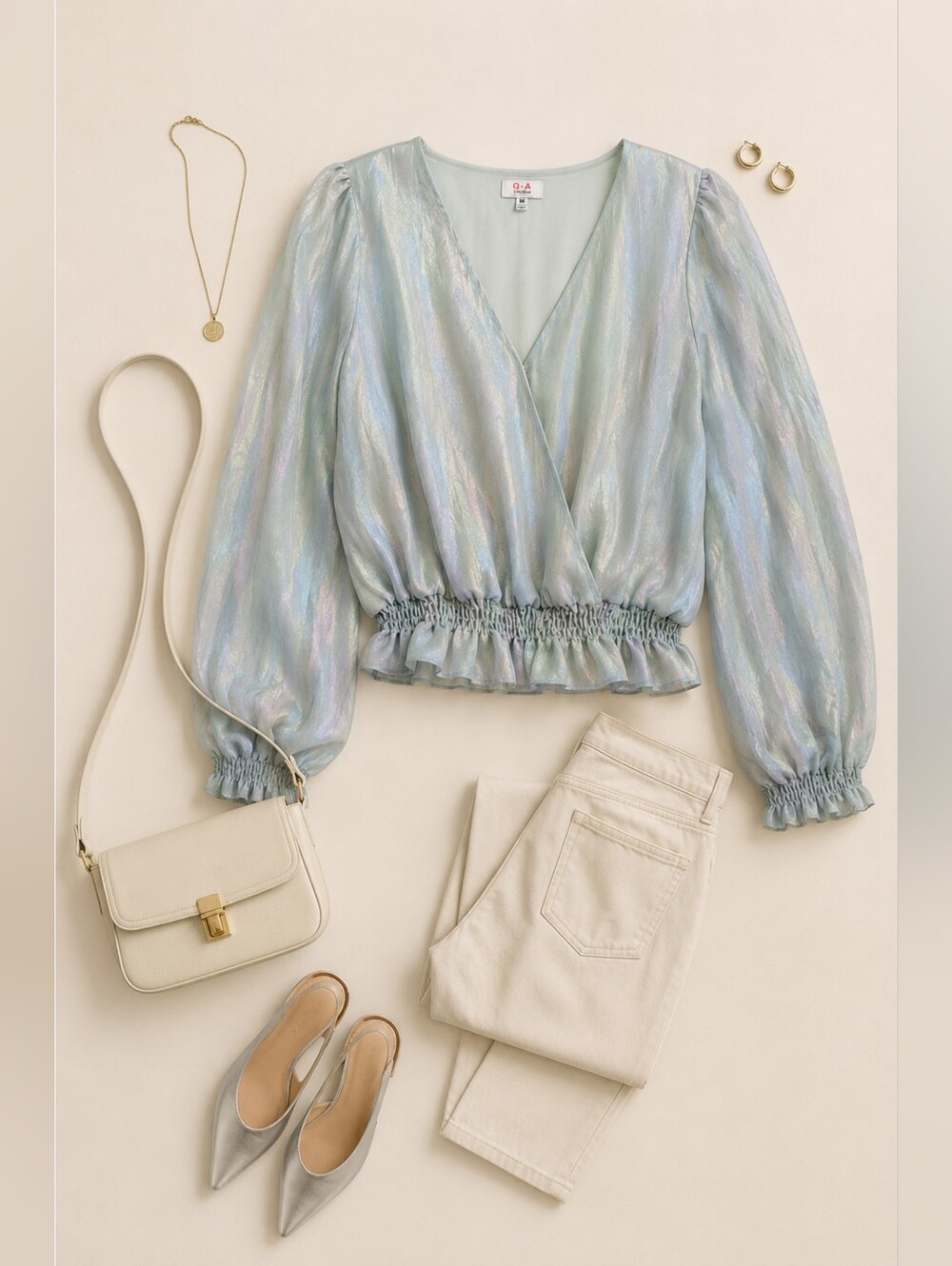 EUC Q&A Iridescent Light Blue V-Neck Blouse with Smocked Peplum Waist, Size M